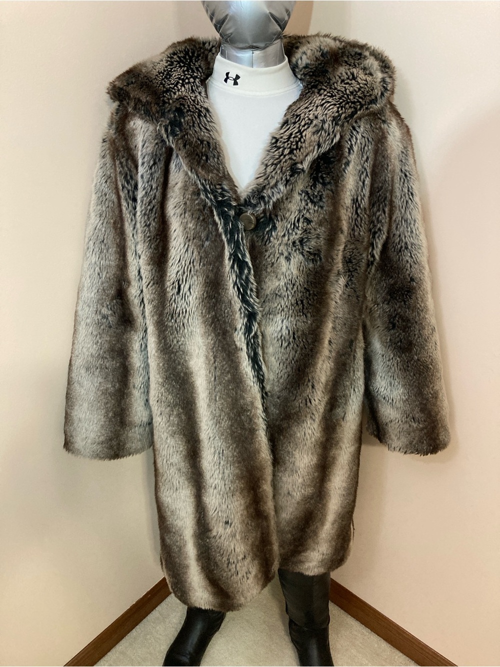 Faux Fur Long Coat - Brown/Gray